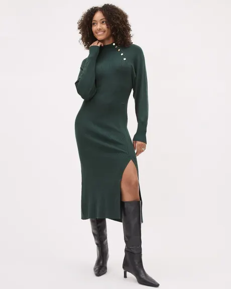 Long-Sleeve Mock-Neck Fitted Ribbed Midi Dress