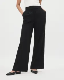 Pantalon en Crêpe Noir à Jambe Large et Taille Haute