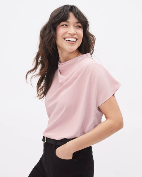 Short-Sleeve Mock-Neck Twill Popover Blouse