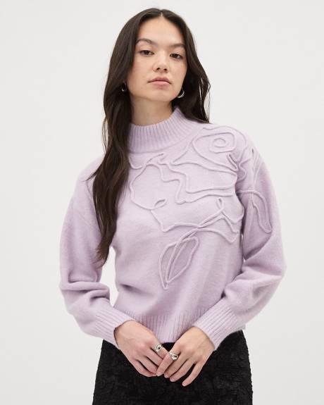 Long-Sleeve Turtle-Neck Pullover with Flower Embroidery