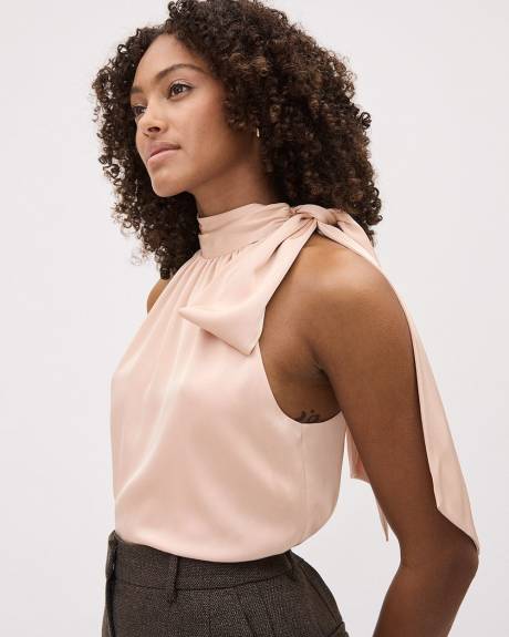 Sleeveless Halter-Neck Satin Blouse with Self-Tie