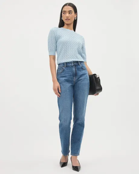 Short-Puffy-Sleeve Classic Sweater with Crew Neckline