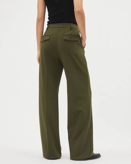 Pantalon Vert en Sergé Épais à Taille Mi-Haute et Jambe Large