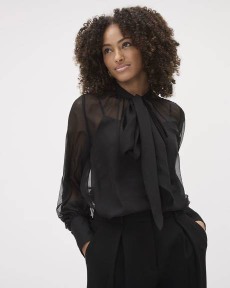 Blouse à Manches Longues Bouffantes à Col Montant avec Ruban à l'Encolure