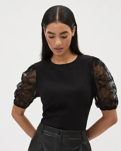 Crew-Neck Tee with Lace Short Puffy Sleeves