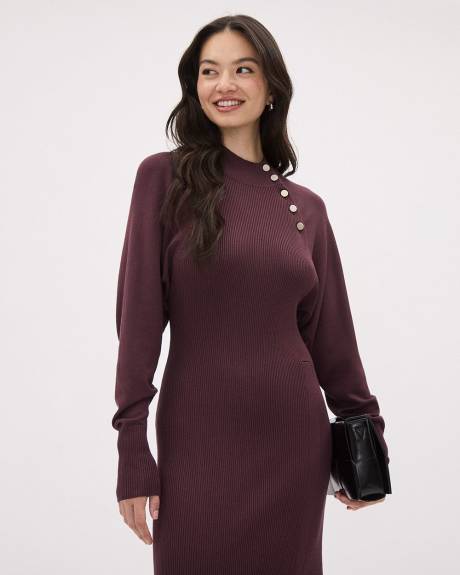 Long-Sleeve Mock-Neck Fitted Ribbed Midi Dress