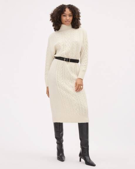 Long-Sleeve Turtle-Neck Straight Midi Dress with Cable Stitches