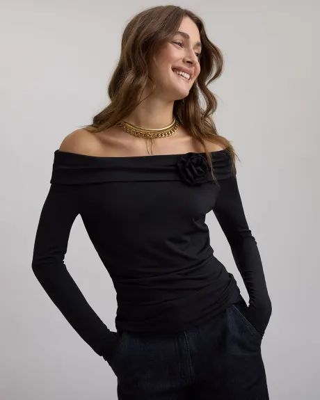 Off-the-Shoulder Long-Sleeve Top with Rose Detail