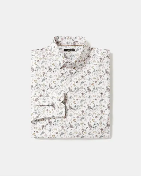 White Slim-Fit Dress Shirt with Floral Pattern