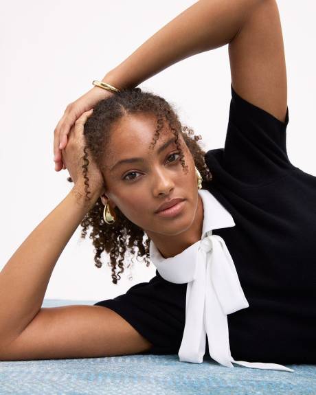 Pull à Col Chemisier et Manches aux Coudes Bouffantes