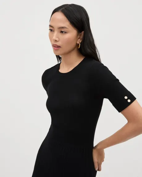 Elbow-Sleeve Fit and Flare Dress with Crew Neckline