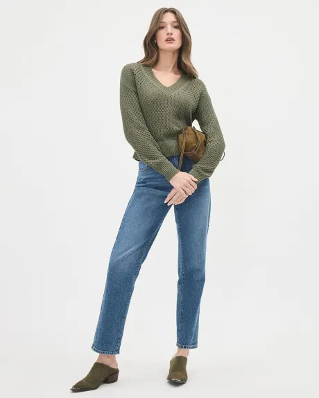 Long-Sleeve V-Neck Pullover with Open Stitches