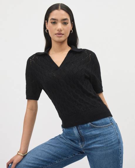 Elbow-Sleeve Crochet Polo Sweater