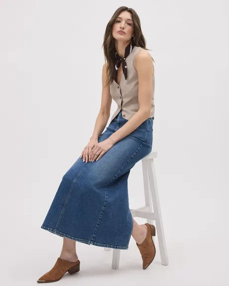 Medium-Wash Maxi Denim Skirt with Back Slit