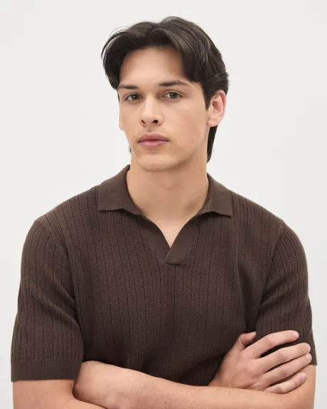 Short-Sleeve Cotton Polo Sweater with Johnny Collar