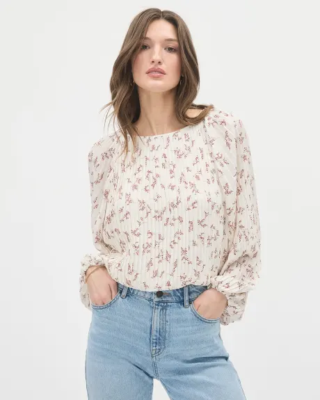 Long-Sleeve Pleated Popover Blouse with Floral Pattern