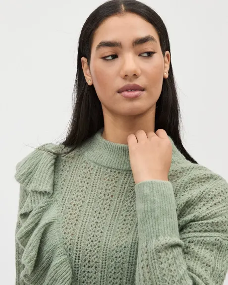 Long-Sleeve Crew-Neck Sweater with Ruffles at Front