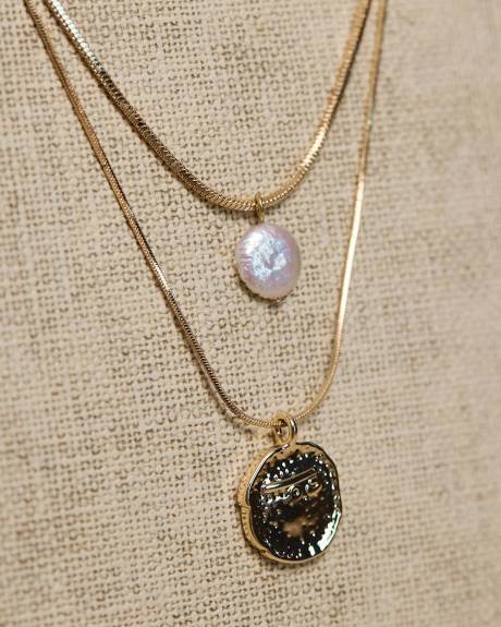 Double-Chain Necklace with Pearl and Coin Pendant