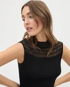 Black Extended-Sleeve Textured Top with Sheer Stripes