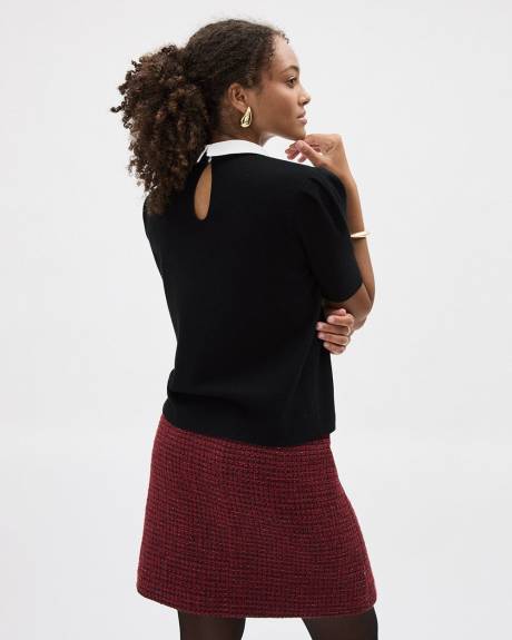 Puffy-Elbow-Sleeve Sweater with Shirt Collar