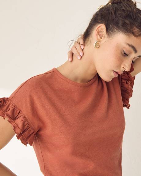 Extended-Sleeve Crew-Neck Top with Ruffles