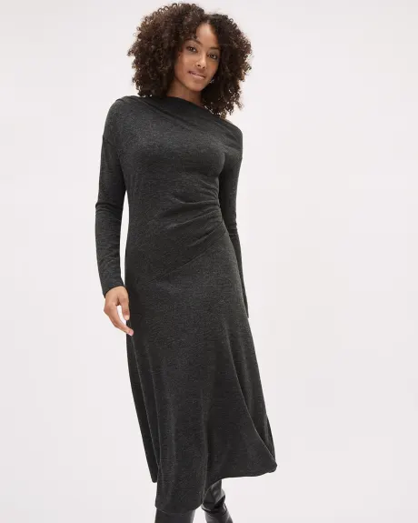 Long-Sleeve Asymmetrical-Neckline Midi Dress