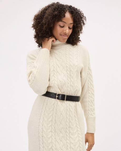 Long-Sleeve Turtle-Neck Straight Midi Dress with Cable Stitches