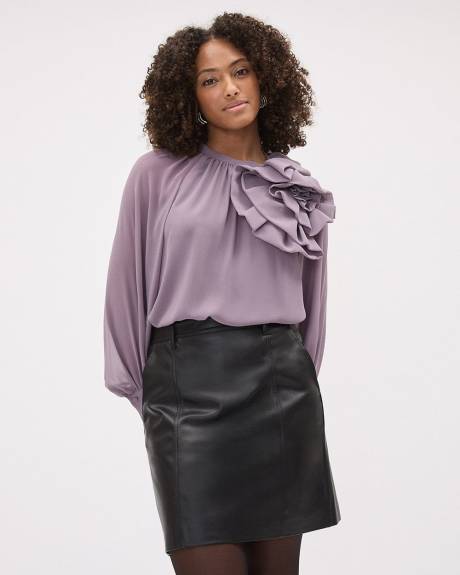 Long-Puffy-Sleeve Mock-Neck Blouse with Bold Flower