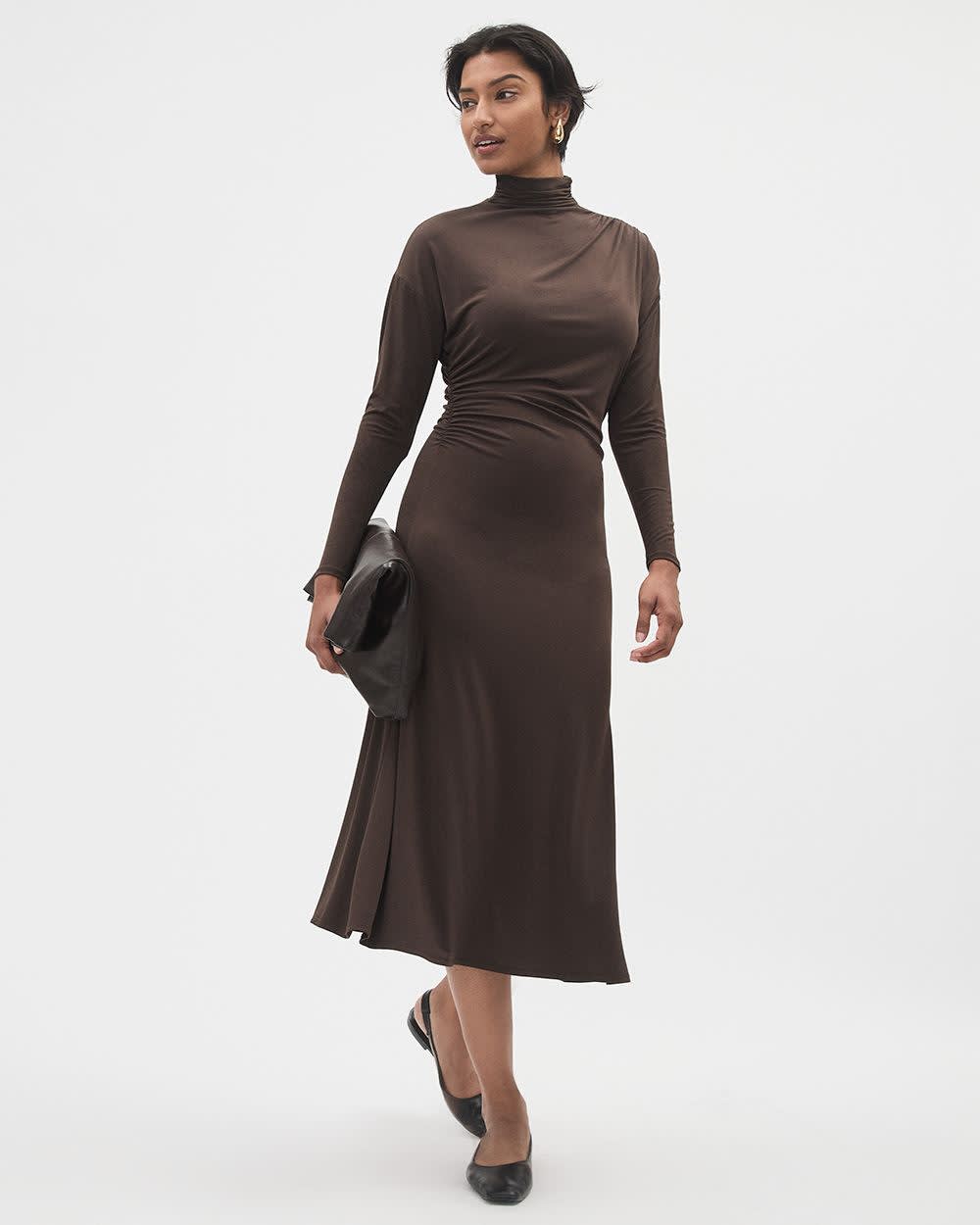 Long-Sleeve Fit and Flare Midi Dress with Funnel Neckline