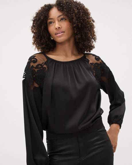 Long-Sleeve Sateen Blouse with Floral Embroideries