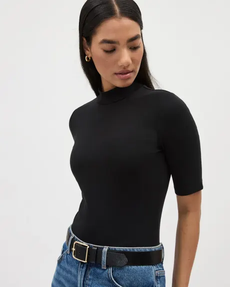 Elbow-Sleeve Mock-Neck Fitted Ribbed Tee