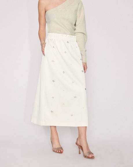 Satin Ultra-High-Rise A-Line Midi Skirt with Gems