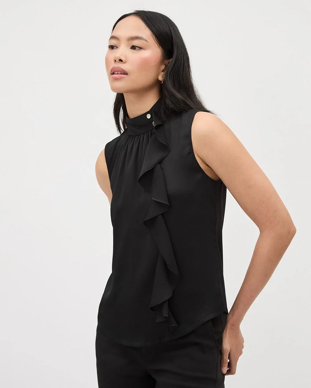 Sleeveless Mock-Neck Mix-Media Blouse with Ruffles