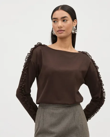 Long-Sleeve Boat-Neck T-Shirt with Ruffles