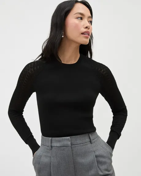 Crew-Neck Sweater with Pointelle Stitches Long Sleeves