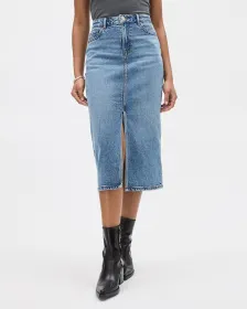 Denim High-Rise Straight Midi Skirt