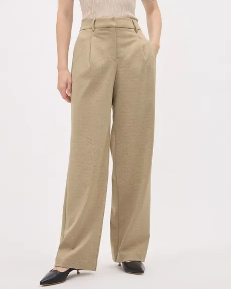 Pantalon Beige en Sergé à Taille Haute et Jambe Large