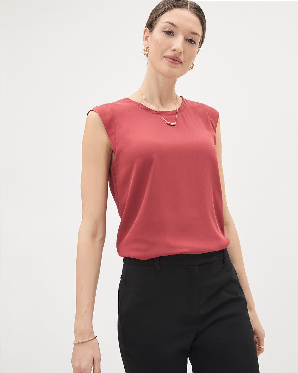 Solid Cap-Sleeve Crew-Neck Silky Crepe Blouse