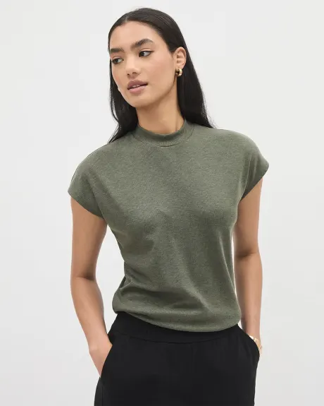 Extended-Sleeve Mock-Neck Ribbed Top