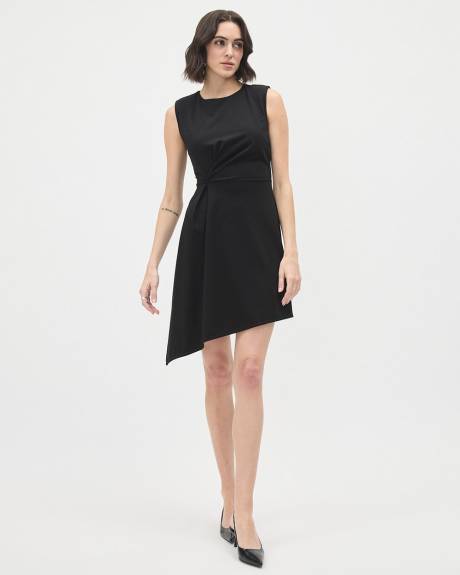 Short Sleeveless Asymmetrical Dress with Crew Neckline and Front Pleats