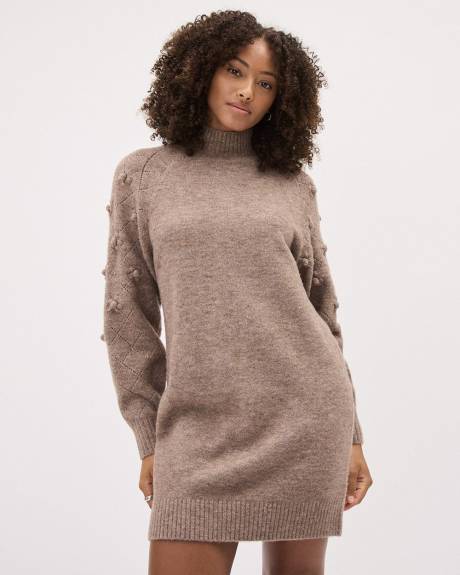 Long-Sleeve Crew-Neck Spongy Dress with 3D Flowers