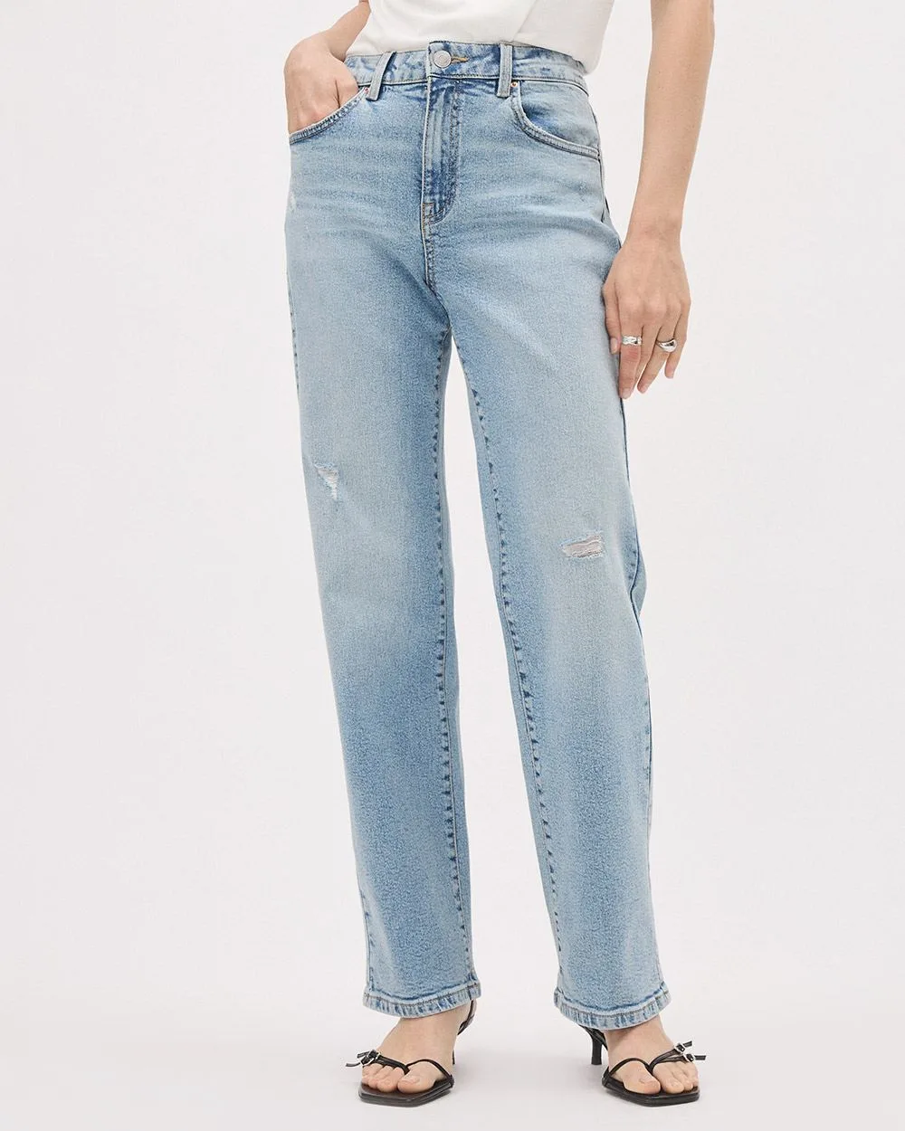 Light-Wash High-Waisted Straight-Leg Ripped Jeans