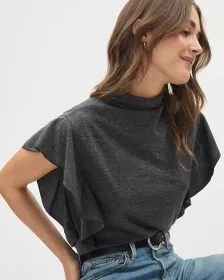 Extended-Sleeve Mock-Neck T-Shirt with Ruffles