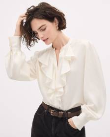 Blouse Boutonnée en Satin à Manches Longues et Jabot