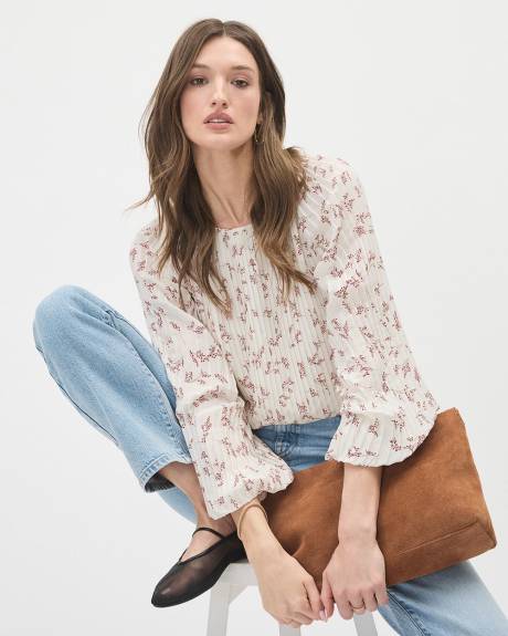 Long-Sleeve Pleated Popover Blouse with Floral Pattern