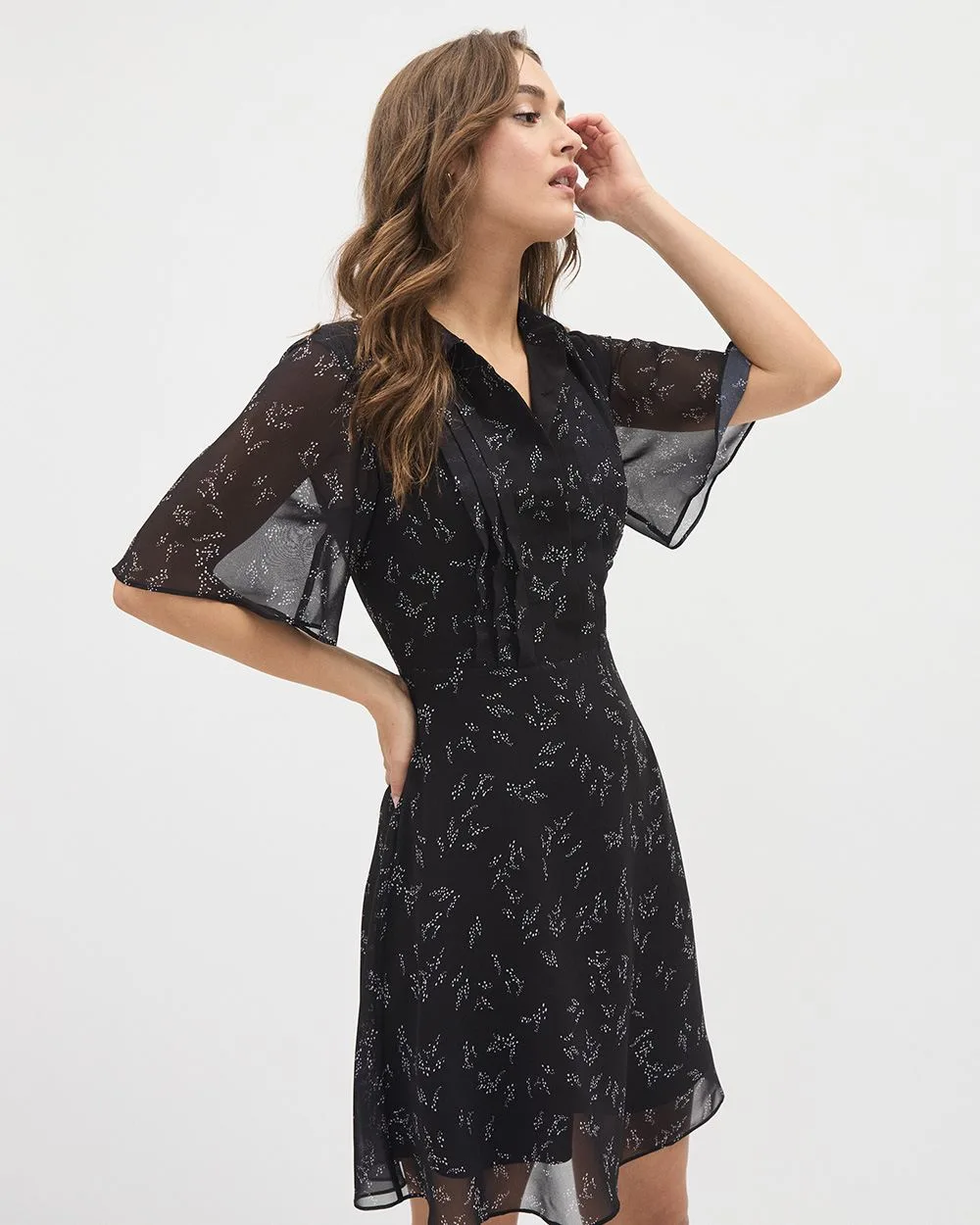 Short-Sleeve Shirt-Collar Fit and Flare Dress