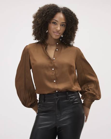 Long-Puffy-Sleeve Buttoned-Down Satin Blouse