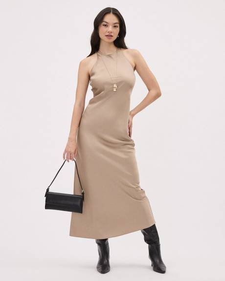 Solid Sleeveless Halter-Neck Midi Cocktail Dress