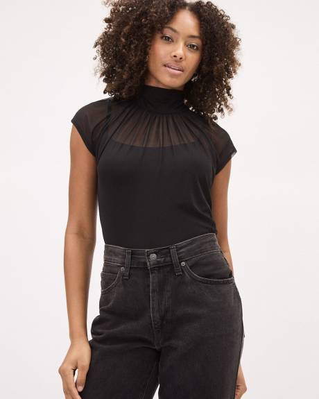 Extended-Sleeve Mock-Neck Mesh Top