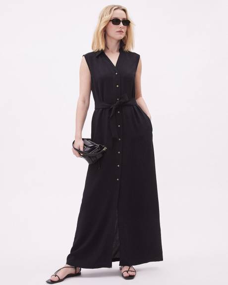 Buttoned-Down Sleeveless Straight Maxi Dress with Shirt Collar